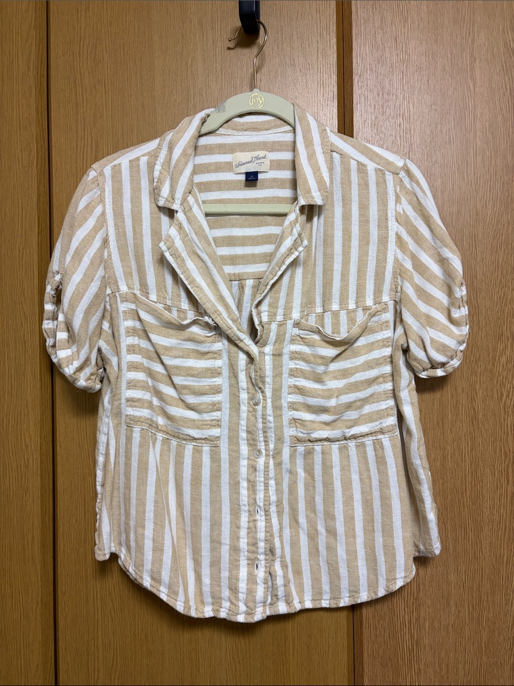 Target Beige and White Striped Short-Sleeve Button Top